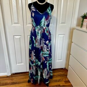 Huskary Large Tropical Leaf Maxi Dress Blue Sleeveless Summer